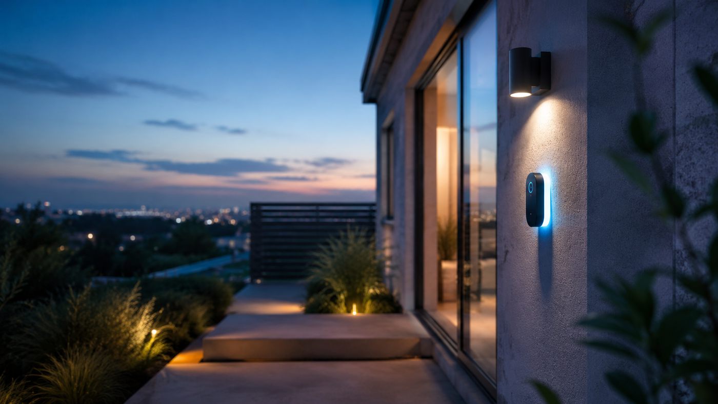 A hillside home at dusk with a small sensor mounted beside the sliding door, its indicator ring glowing beneath a wall downlight, city lights on the horizon.